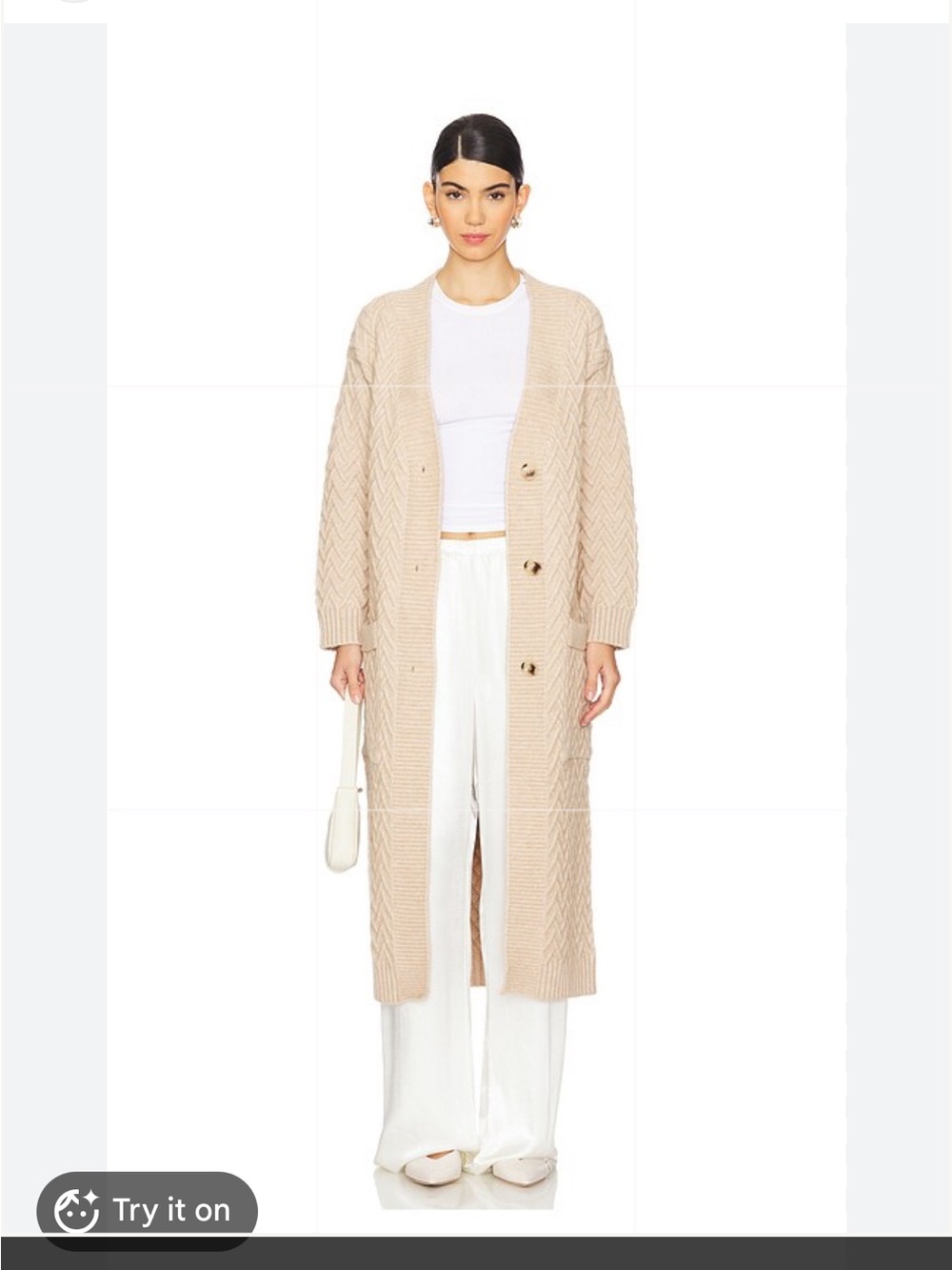 Line & Dot Longline Cable Knit Cardigan in Beige